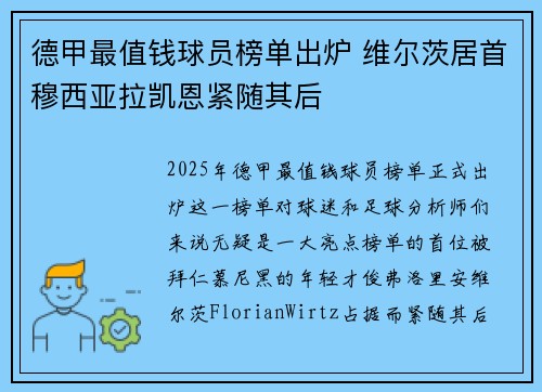 德甲最值钱球员榜单出炉 维尔茨居首穆西亚拉凯恩紧随其后