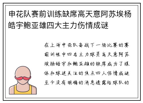 申花队赛前训练缺席高天意阿苏埃杨皓宇鲍亚雄四大主力伤情成谜