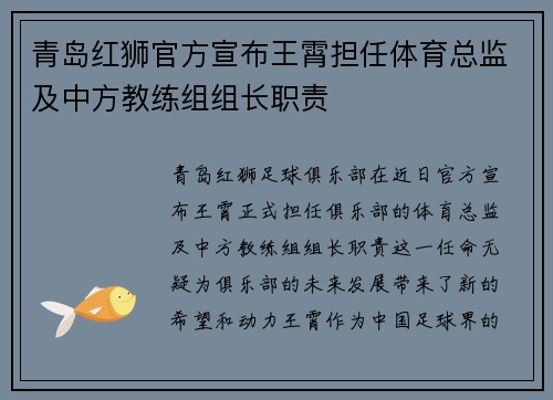 青岛红狮官方宣布王霄担任体育总监及中方教练组组长职责